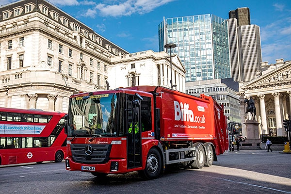 A Biffa truck driving along a street in London